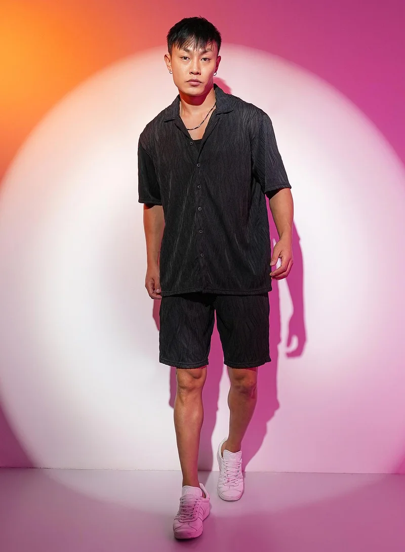 Campus Sutra Men's Midnight Black Self-Design Wave Co-Ord Set For Casual Wear | Cuban Collar | Short Sleeve | Button Closure | Co-Ords Crafted With Comfort Fit For Everyday Wear